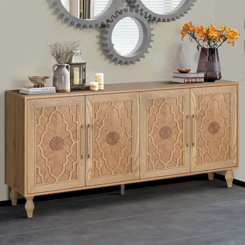 Carved Flower Door Large Storage Cabinet Sideboard Buffet