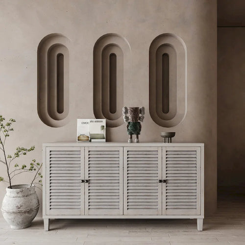 60-in Farmhouse Natural Wood Wash 4 Shutter Door Wooden Sideboard Buffet Server Accent Storage Cabinet