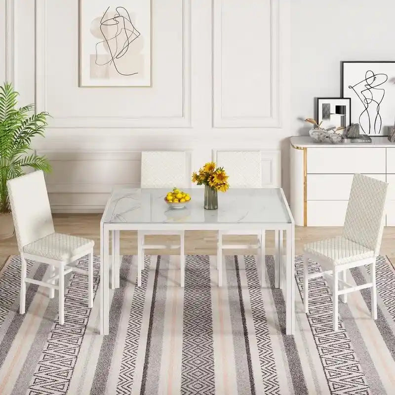 Grondin Modern Style 5-Piece Dining Room Table Set with Tempered Glass Tabletop and 4 Diamond Stitching PU Leather Dining Chairs