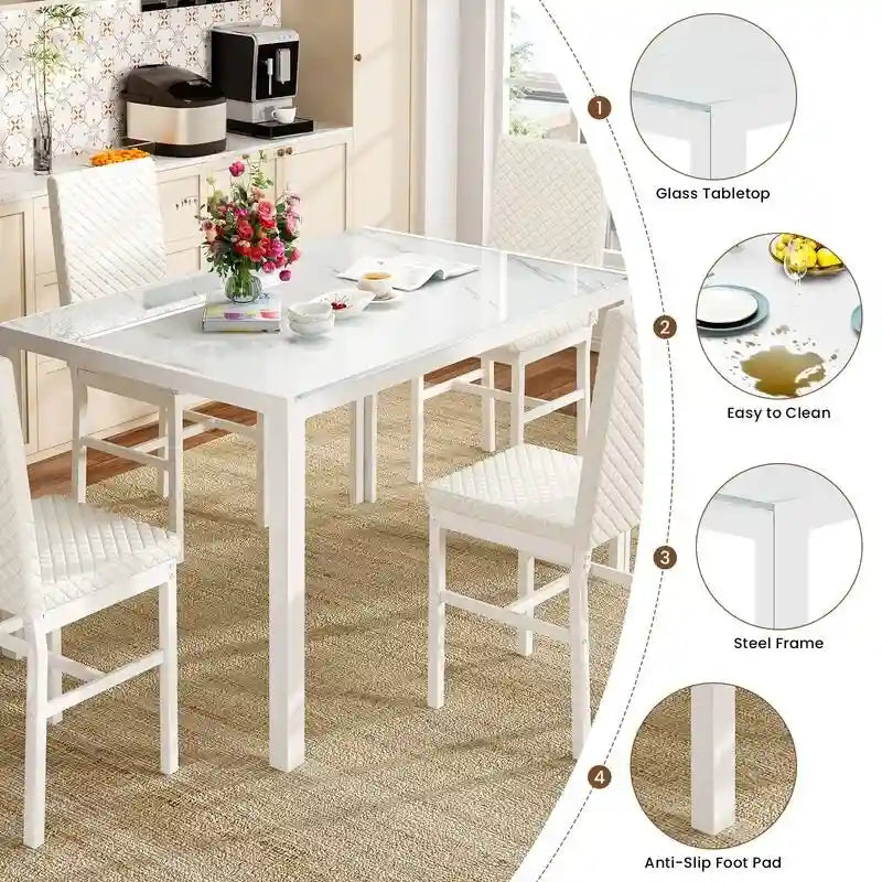 Grondin Modern Style 5-Piece Dining Room Table Set with Tempered Glass Tabletop and 4 Diamond Stitching PU Leather Dining Chairs