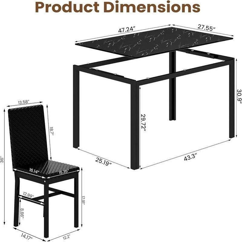 Grondin Modern Style 5-Piece Dining Room Table Set with Tempered Glass Tabletop and 4 Diamond Stitching PU Leather Dining Chairs