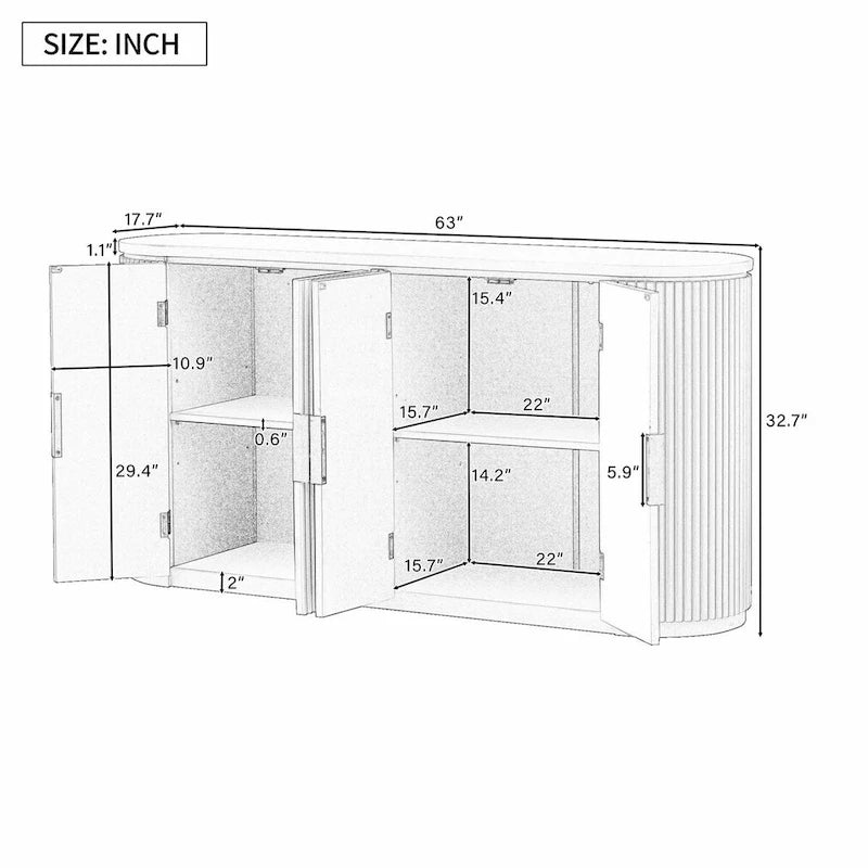 Vertical Striped Door Storage Cabinet with Metal Handles, Adjustable Shelves