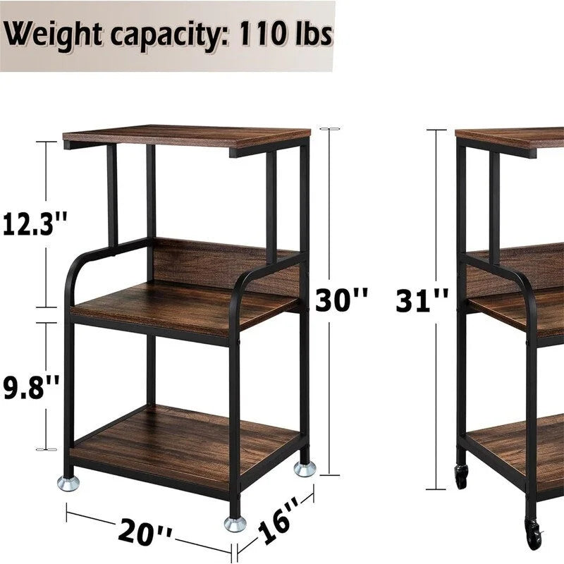 3 Tier Mobile Printer Stand on Wheels with Storage Shelves - 16D x 20W x 30H