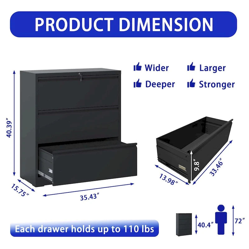 Lateral File Cabinet 3 Drawer,Filing Cabinet with Lock, Lockable File Cabinet for Home Office, Locking Metal File Cabinet