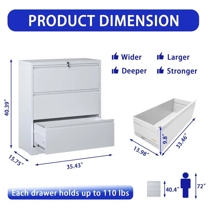 Lateral File Cabinet 3 Drawer,Filing Cabinet with Lock, Lockable File Cabinet for Home Office, Locking Metal File Cabinet