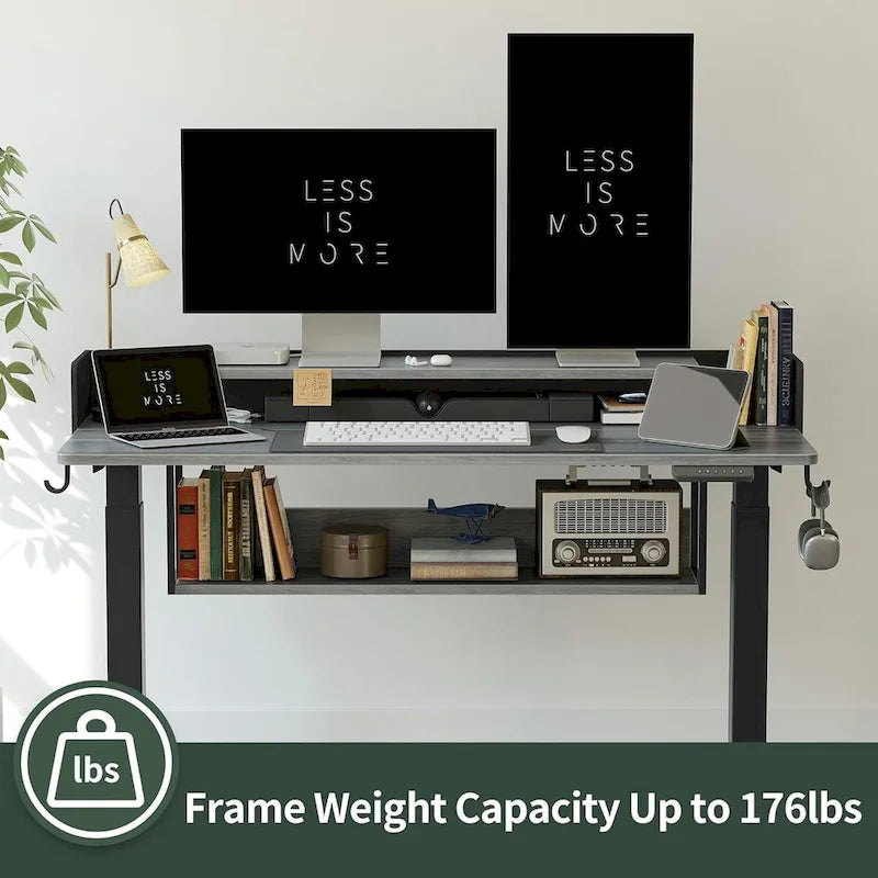 FEZIBO Electric Standing Desk with Shelves, Sit Stand Rising Desk with Monitor Stand and Storage, Ergonomic Home Office Desk