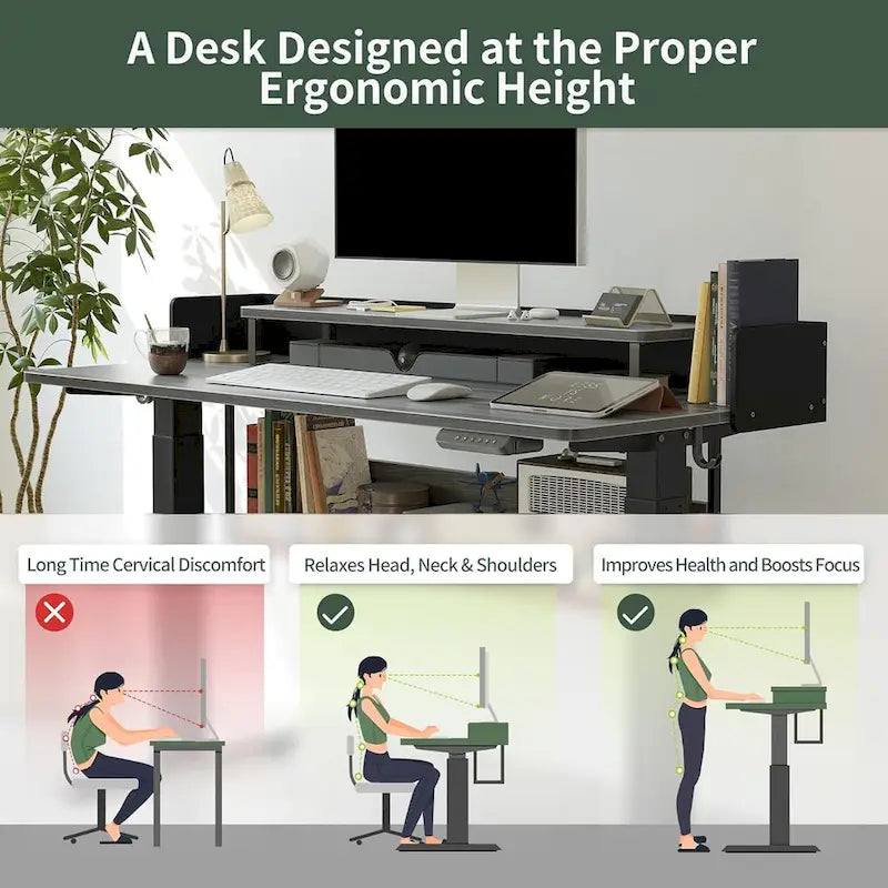 FEZIBO Electric Standing Desk with Shelves, Sit Stand Rising Desk with Monitor Stand and Storage, Ergonomic Home Office Desk