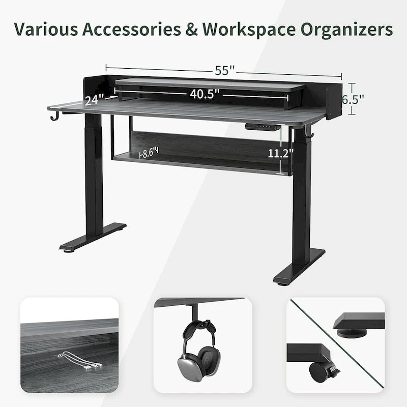 FEZIBO Electric Standing Desk with Shelves, Sit Stand Rising Desk with Monitor Stand and Storage, Ergonomic Home Office Desk
