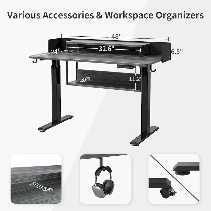 FEZIBO Electric Standing Desk with Shelves, Sit Stand Rising Desk with Monitor Stand and Storage, Ergonomic Home Office Desk