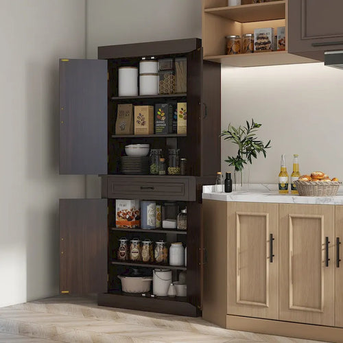 71 Freestanding Kitchen Pantry with 4 Doors and 2 Large Cabinets, Tall Storage Cabinet with Wide Drawer for Dining Room, Coffee
