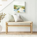 Mieres Boho Style Solid Wood Bench with Woven Rope Seat, Mid-Century Modern Indoor Ottoman with Rubber Wood Legs for Home Office