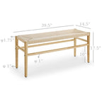 Mieres Boho Style Solid Wood Bench with Woven Rope Seat, Mid-Century Modern Indoor Ottoman with Rubber Wood Legs for Home Office