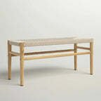 Mieres Boho Style Solid Wood Bench with Woven Rope Seat, Mid-Century Modern Indoor Ottoman with Rubber Wood Legs for Home Office