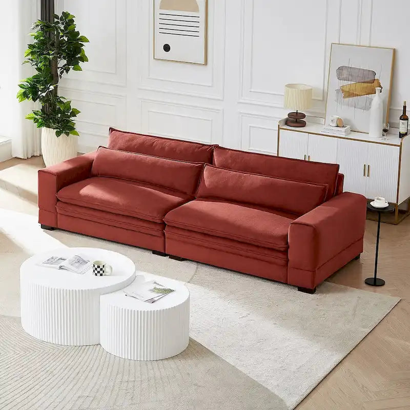 104 in Mid-Century Modern Fabric Sofa, Upholstered Sofa Couch with 2 Pillows, Solid Wood Legs