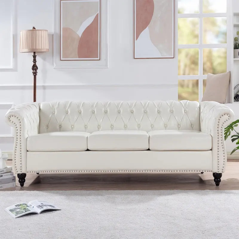 Cream 84.65  Traditional Chesterfield 3 Seater Sofa, PU Leather