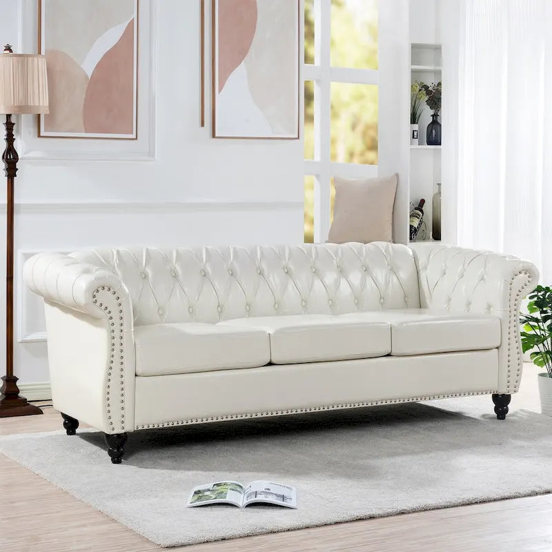 Cream 84.65  Traditional Chesterfield 3 Seater Sofa, PU Leather