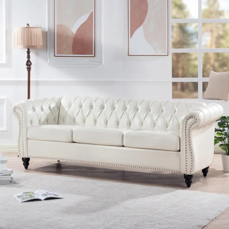 Cream 84.65  Traditional Chesterfield 3 Seater Sofa, PU Leather