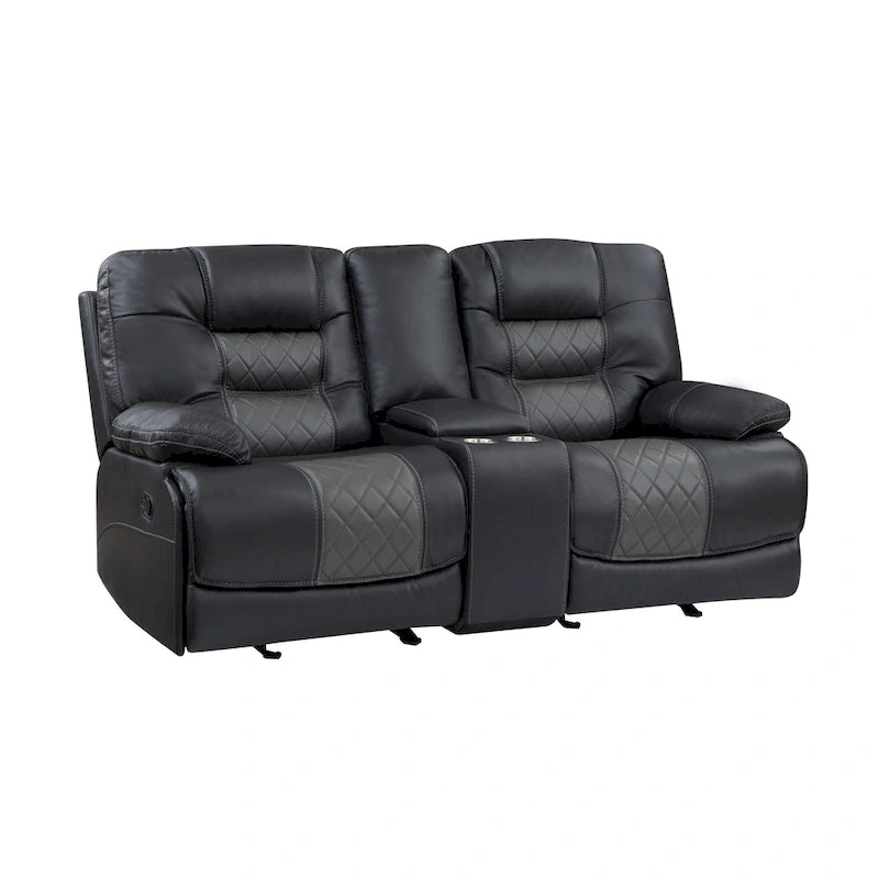 Liam 77 Inch Manual Recliner Loveseat, Cupholder Console, Gray Faux Leather