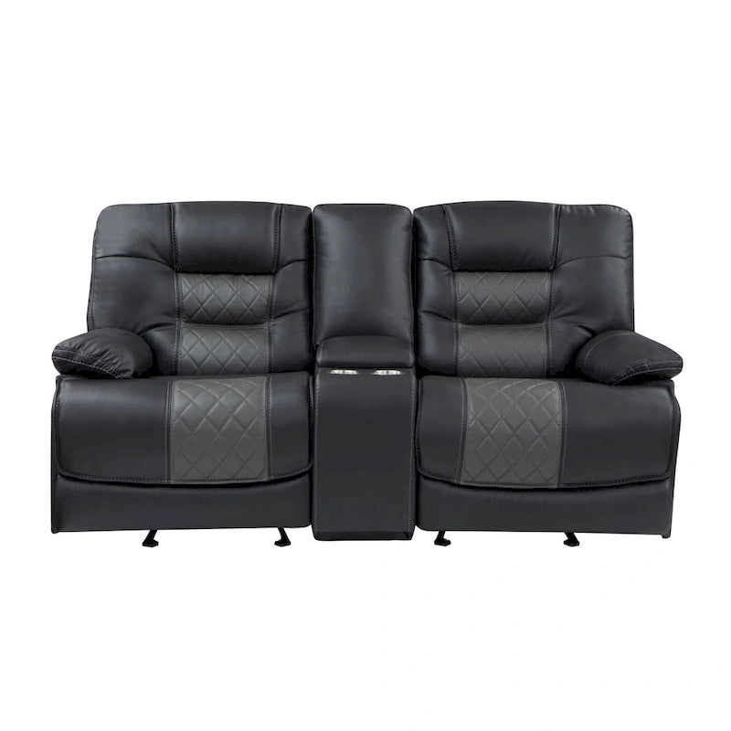 Liam 77 Inch Manual Recliner Loveseat, Cupholder Console, Gray Faux Leather