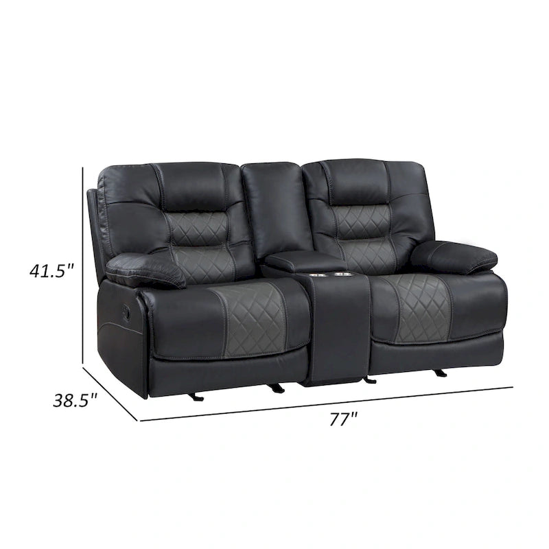 Liam 77 Inch Manual Recliner Loveseat, Cupholder Console, Gray Faux Leather