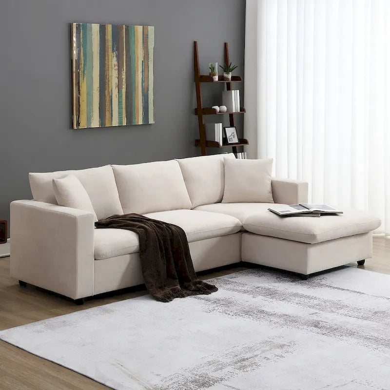 Modern Sectional Sofa,L-shaped Couch Set with 2 Free pillows,4-seat Polyester Fabric Couch Set with Convertible Ottoman