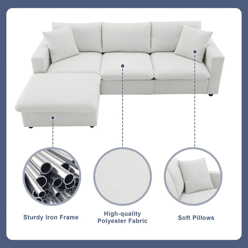 Modern Sectional Sofa,L-shaped Couch Set with 2 Free pillows,4-seat Polyester Fabric Couch Set with Convertible Ottoman