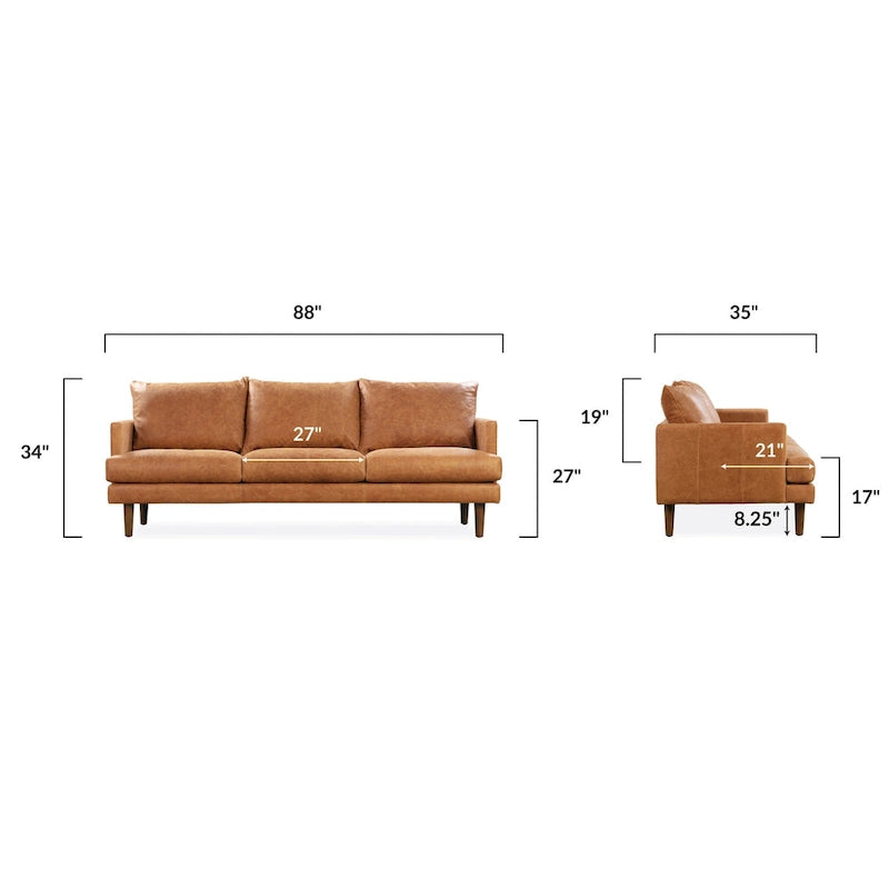 88" Italian Leather Sofa with Walnut Legs - 3 Seater