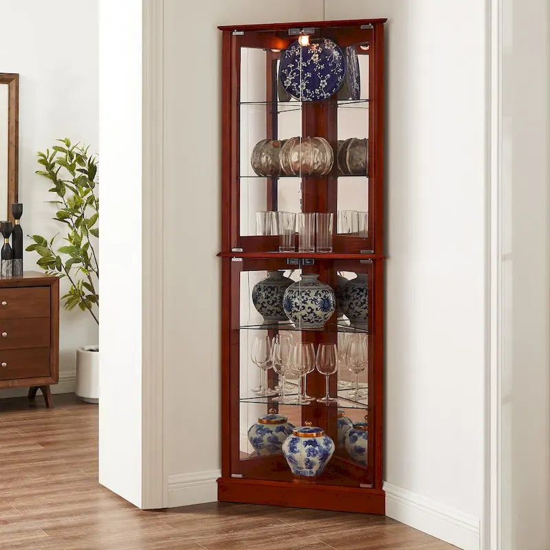 Corner Curio Dispaly Cabinet with Lights, Adjustable Tempered Glass Shelves, Mirrored Back