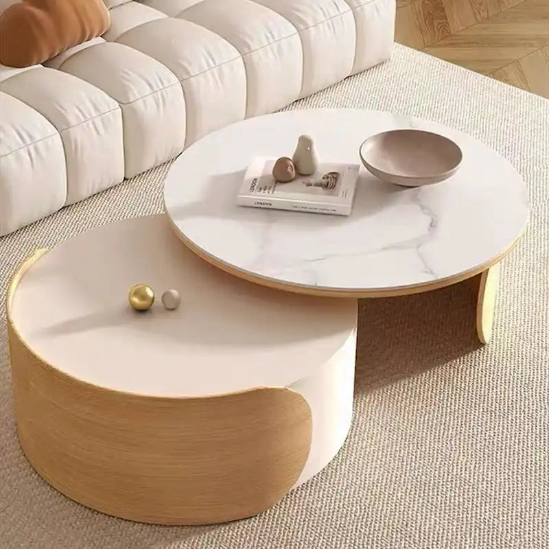 Round Coffee Table - Beige Wood with Stone Top - 31.5"