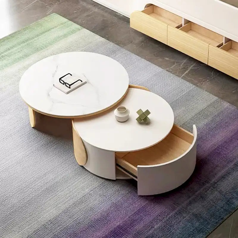 Round Coffee Table - Beige Wood with Stone Top - 31.5"