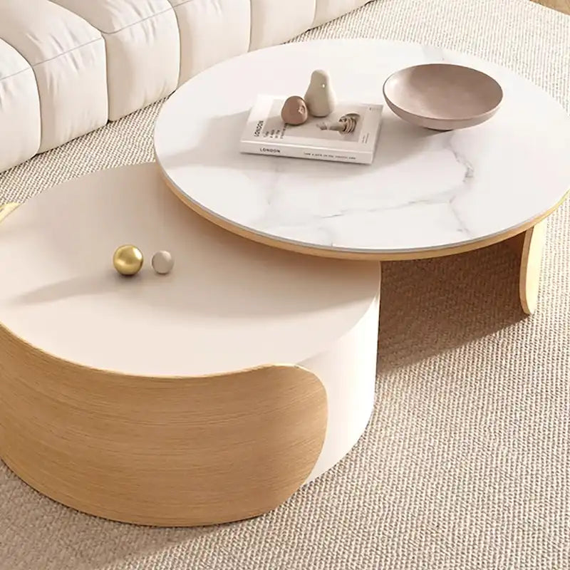 Round Coffee Table - Beige Wood with Stone Top - 31.5"