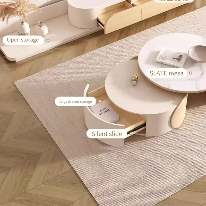 Round Coffee Table - Beige Wood with Stone Top - 31.5"