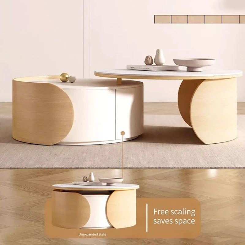 Round Coffee Table - Beige Wood with Stone Top - 31.5"