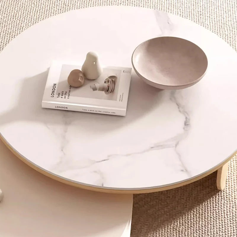 Round Coffee Table - Beige Wood with Stone Top - 31.5"