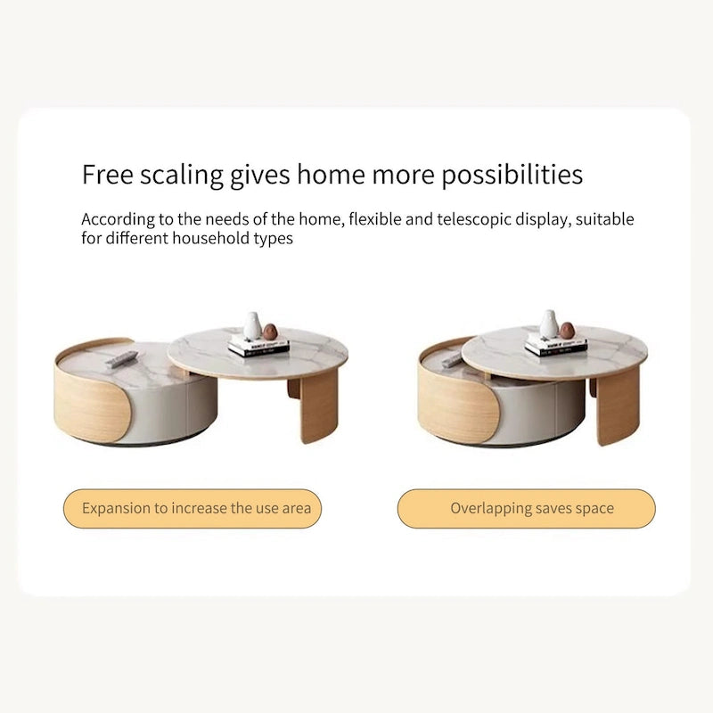 Round Coffee Table - Beige Wood with Stone Top - 31.5"