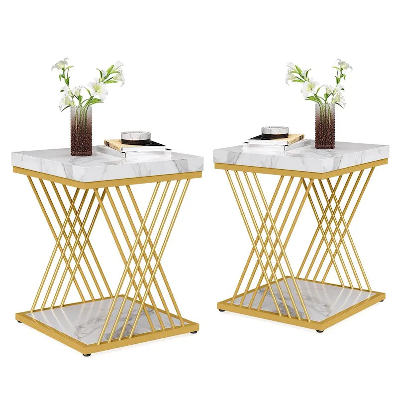 19.75 Inch Faux Marble Square End Table, Modern Bedside Tables, Gold Accent Table Living Room
