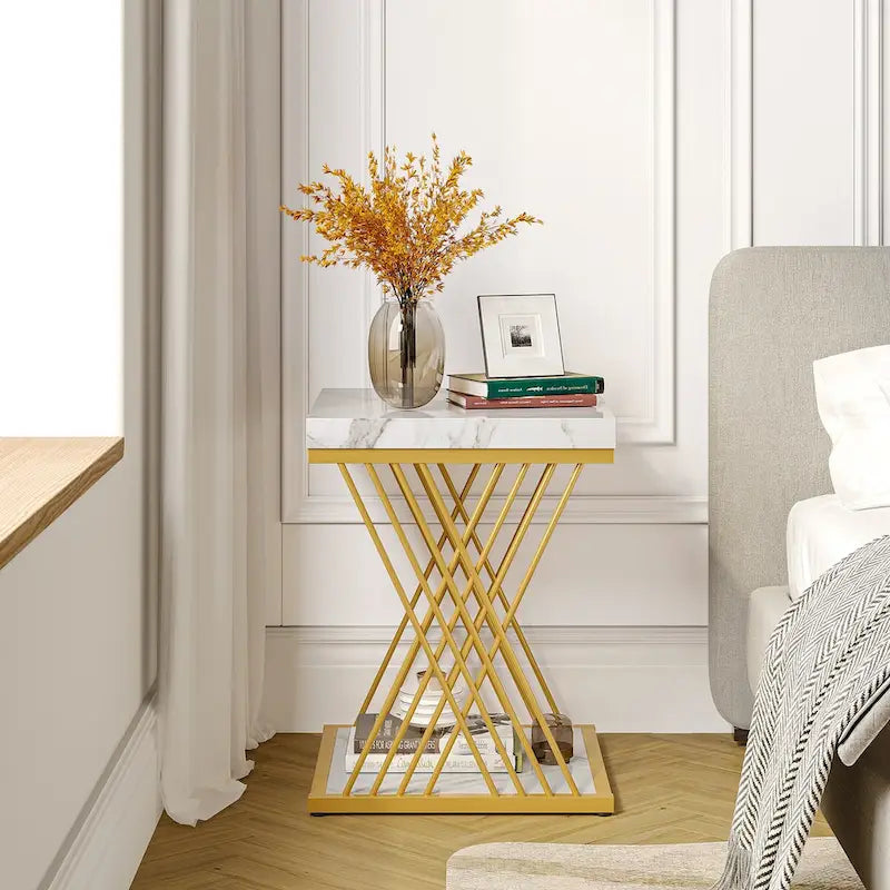 19.75 Inch Faux Marble Square End Table, Modern Bedside Tables, Gold Accent Table Living Room