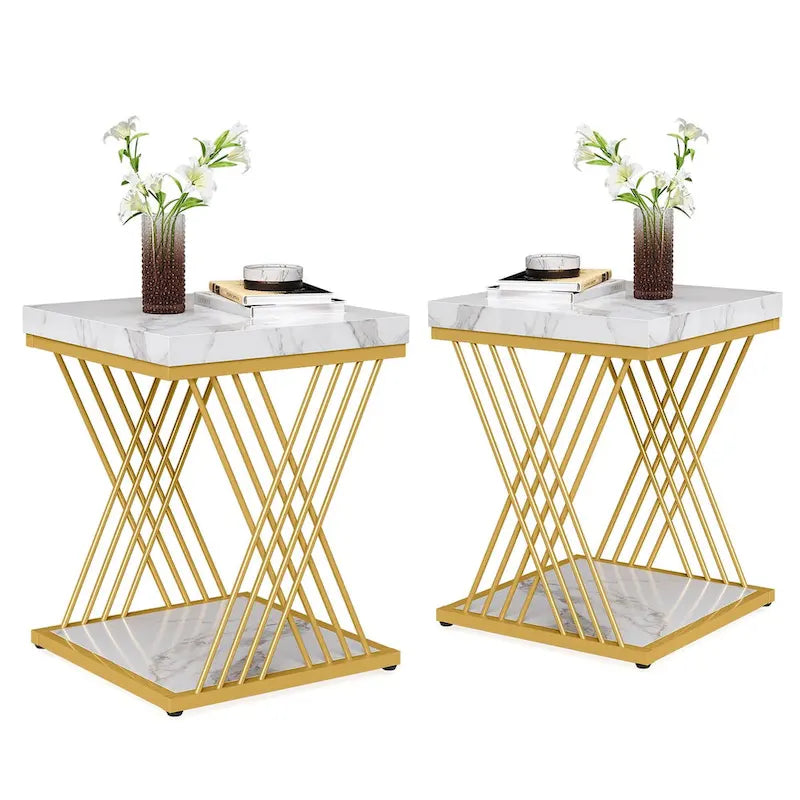 19.75 Inch Faux Marble Square End Table, Modern Bedside Tables, Gold Accent Table Living Room