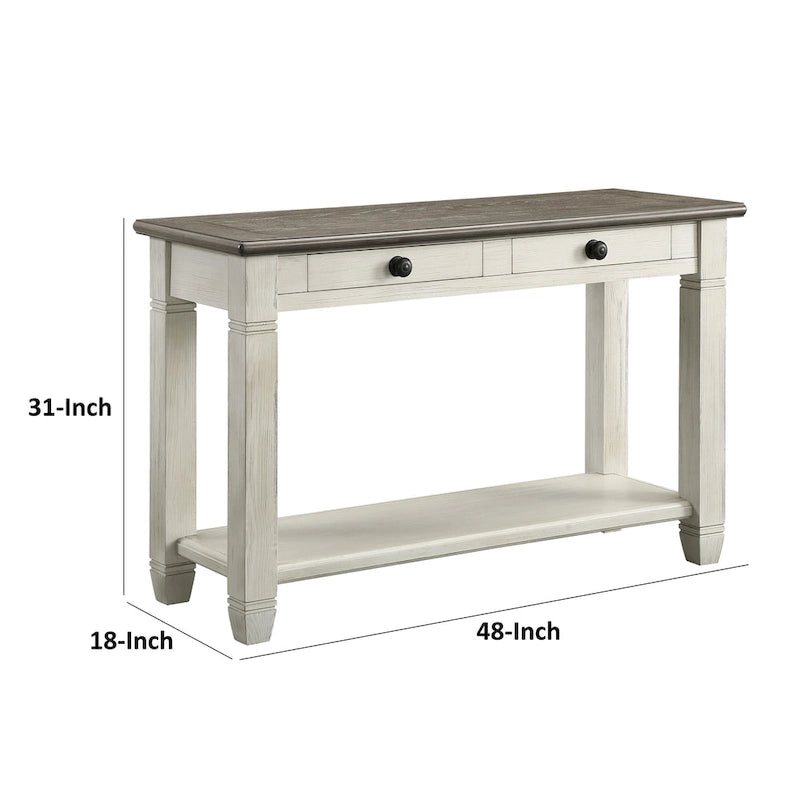 Rome 48 Inch Sofa Table, Rectangular, 2 Drawers, White, Brown, Solid Wood