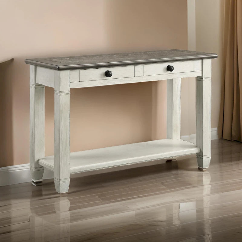 Rome 48 Inch Sofa Table, Rectangular, 2 Drawers, White, Brown, Solid Wood
