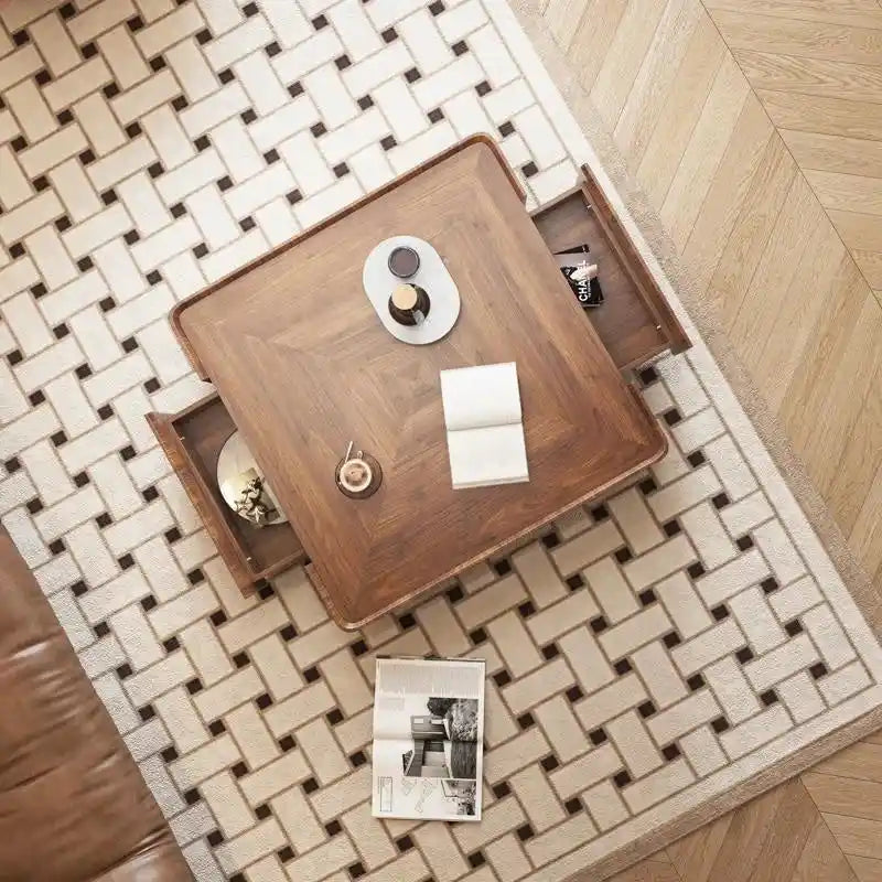 Walnut Triangular Coffee Table with 2 Drawers