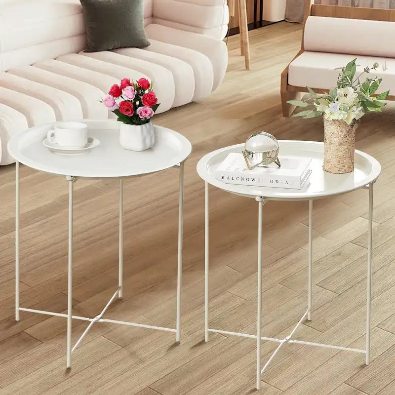Javlergo Set of 2 Folding Round TV Tray Tables, Small Round Steel Side Table, No Assembly Required - 18.5 x 18.5 x 19.7 in