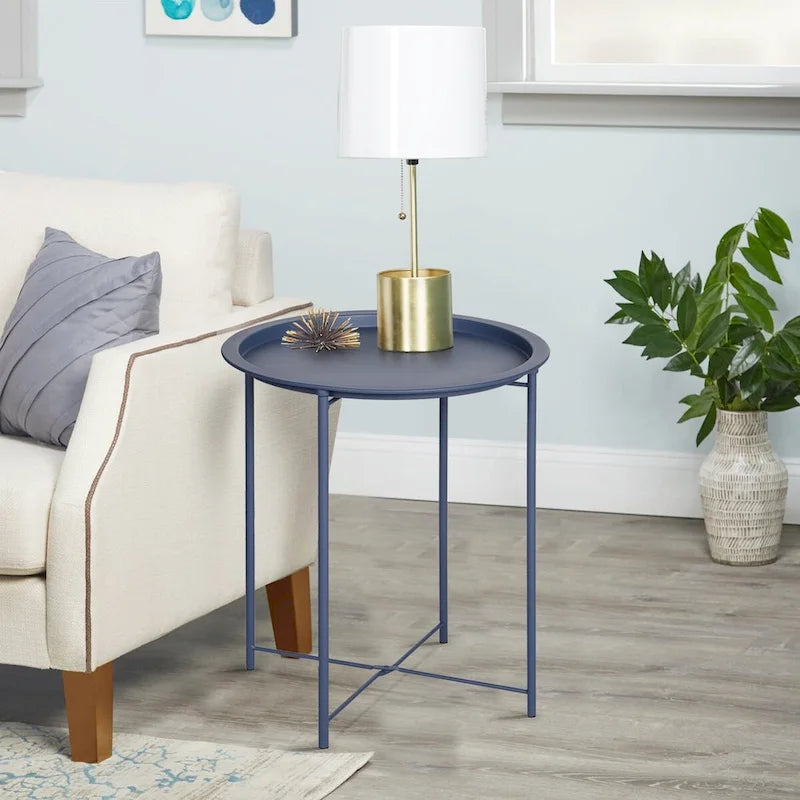 Javlergo Set of 2 Folding Round TV Tray Tables, Small Round Steel Side Table, No Assembly Required - 18.5 x 18.5 x 19.7 in
