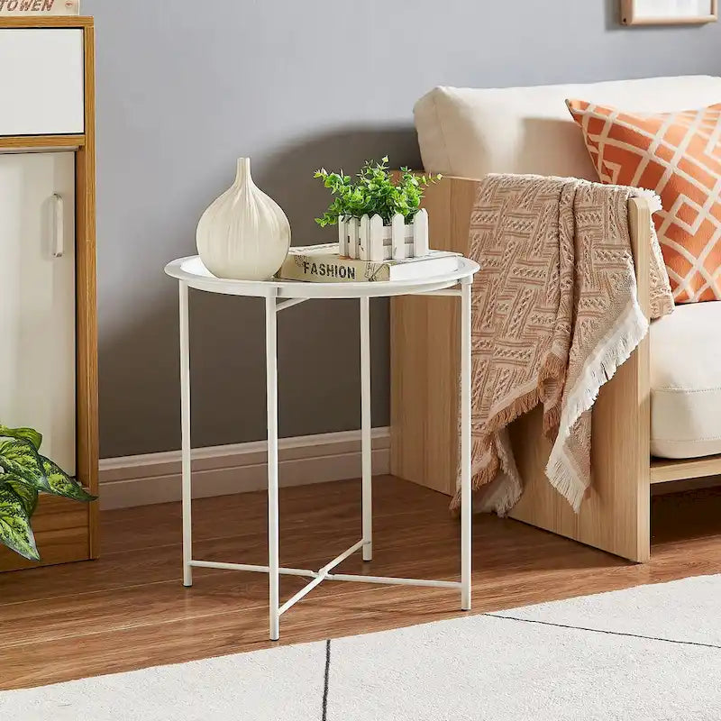 Javlergo Set of 2 Folding Round TV Tray Tables, Small Round Steel Side Table, No Assembly Required - 18.5 x 18.5 x 19.7 in