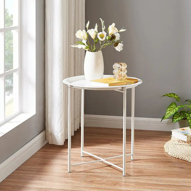 Javlergo Set of 2 Folding Round TV Tray Tables, Small Round Steel Side Table, No Assembly Required - 18.5 x 18.5 x 19.7 in