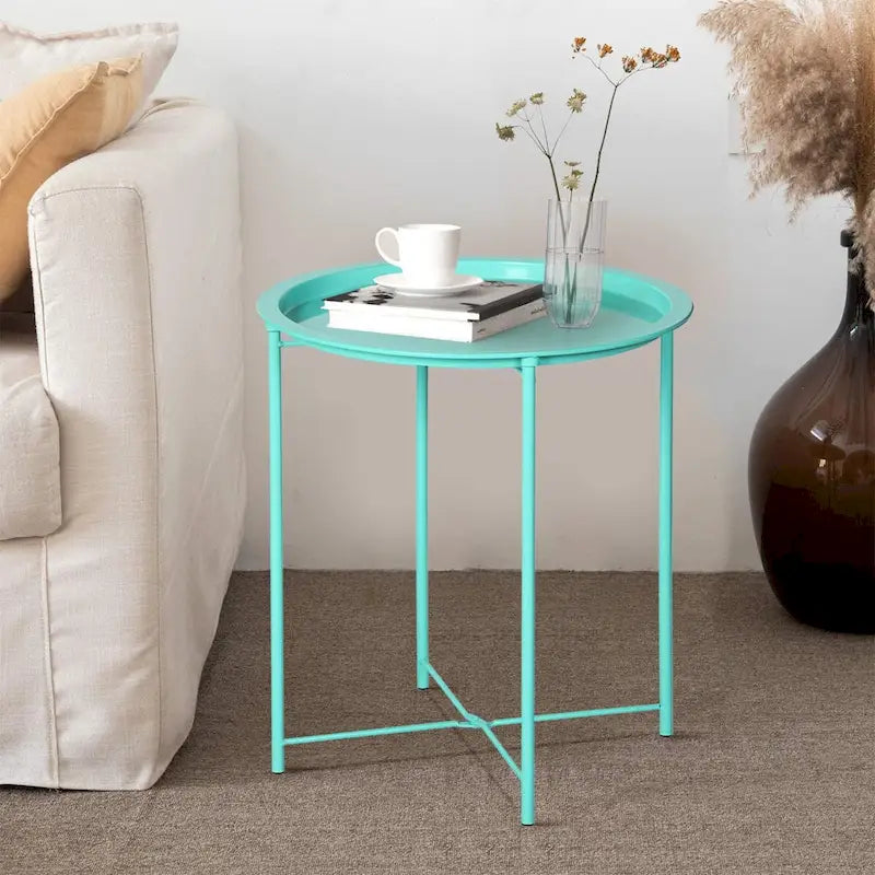 Javlergo Set of 2 Folding Round TV Tray Tables, Small Round Steel Side Table, No Assembly Required - 18.5 x 18.5 x 19.7 in