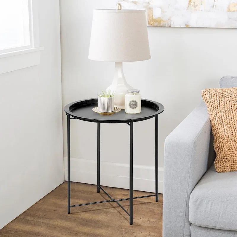 Javlergo Set of 2 Folding Round TV Tray Tables, Small Round Steel Side Table, No Assembly Required - 18.5 x 18.5 x 19.7 in