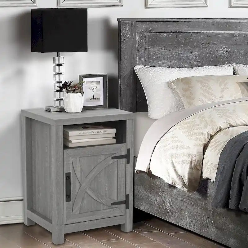 Walnut Barn Door Sofa End Table Nightstand Bedside Table with Storage Shelf