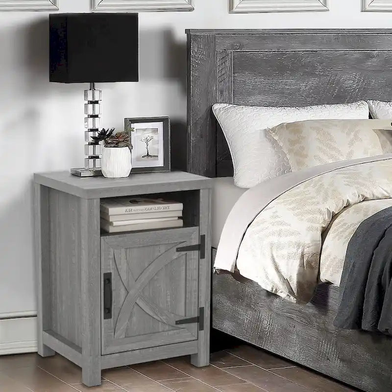 Walnut Barn Door Sofa End Table Nightstand Bedside Table with Storage Shelf