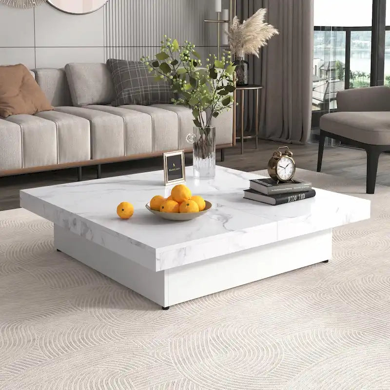 39.4  Square Marble Veneer Coffee Table with Sliding Top Storage